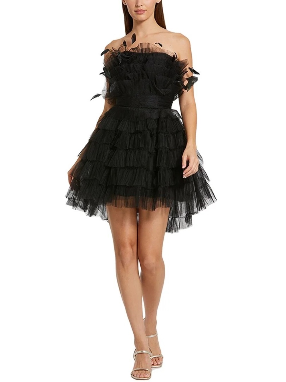 NWT Mac Duggal 20529 Black Feathered Tulle Fit & Flare Mini Dress Size 8